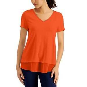 JM Collection V Neck Sheer Hem Top